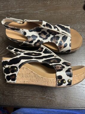 Leopard Print Wedge Slingback Sandals - Brown/Black